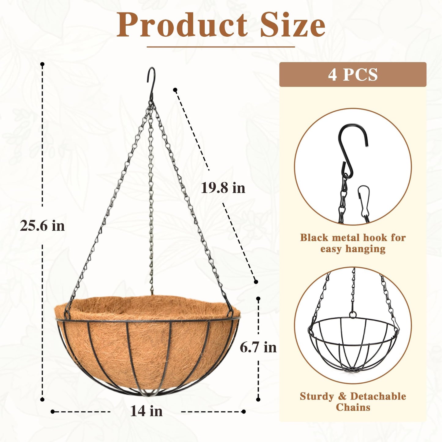 4 Pack Hanging Planter for Outdoor Plants 14 inch Metal Hanging Flower Basket with Coco Coir Liner Round Wire Plant Holder Chain Flower Pots Outdoor Garden Decoration Watering Hanging Baskets(XG)
