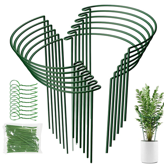 LINGHUI 12 Pack Plant Support Stakes, 10" Wide x 16" High,Heavy-Duty Half Round Peony Support Ring and Cage for Indoor and Outdoor Plants, Peony, Tomato, Hydrangea, Rose(100 Plant Ties)