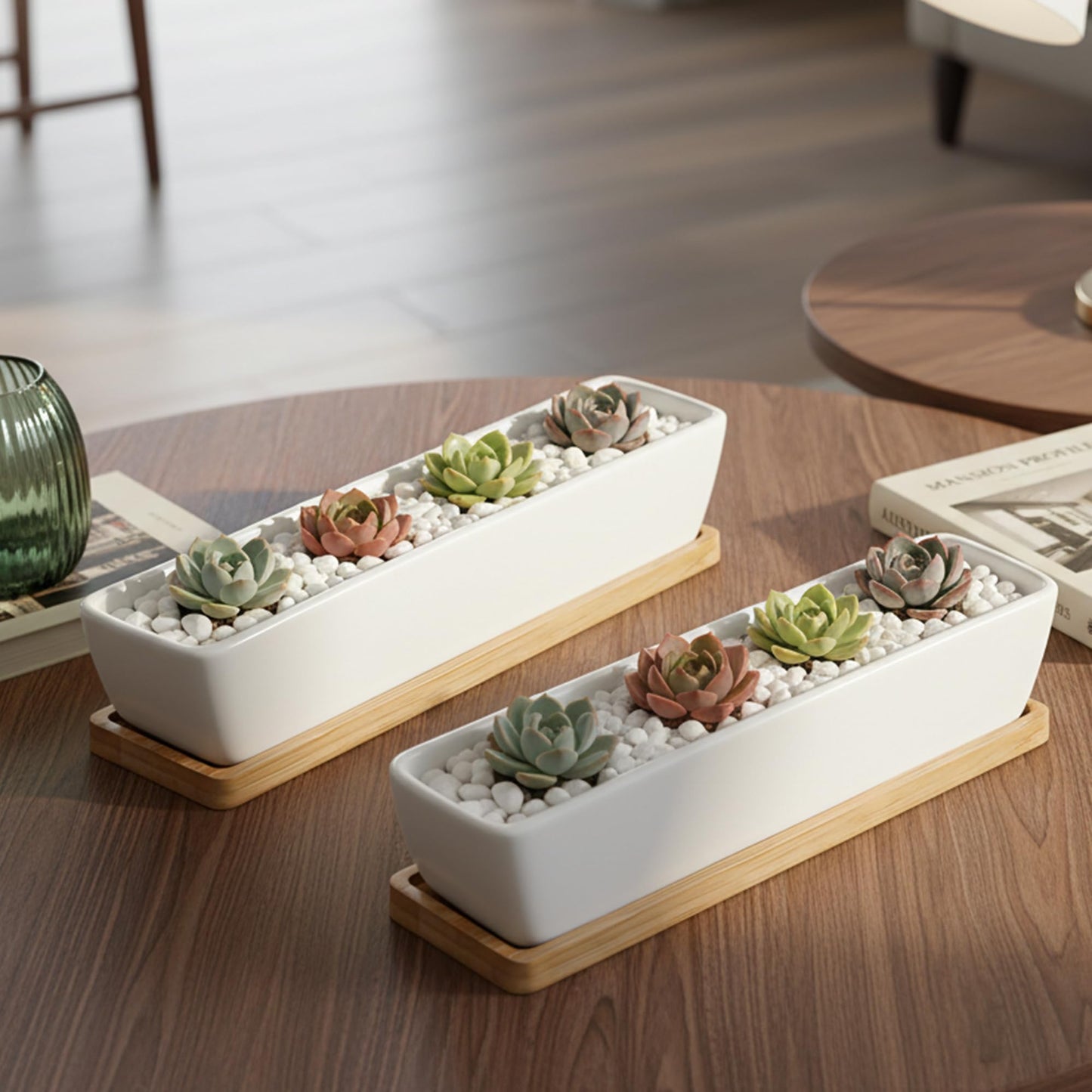 ARVINKEY White Ceramic Succulent Planters, Indoor and Outdoor Succulent Planters, Set of 2 Cactus Containers, Bonsai Pots, Flower Pots with Drainage Hole and Bamboo Bowl (No Plant)