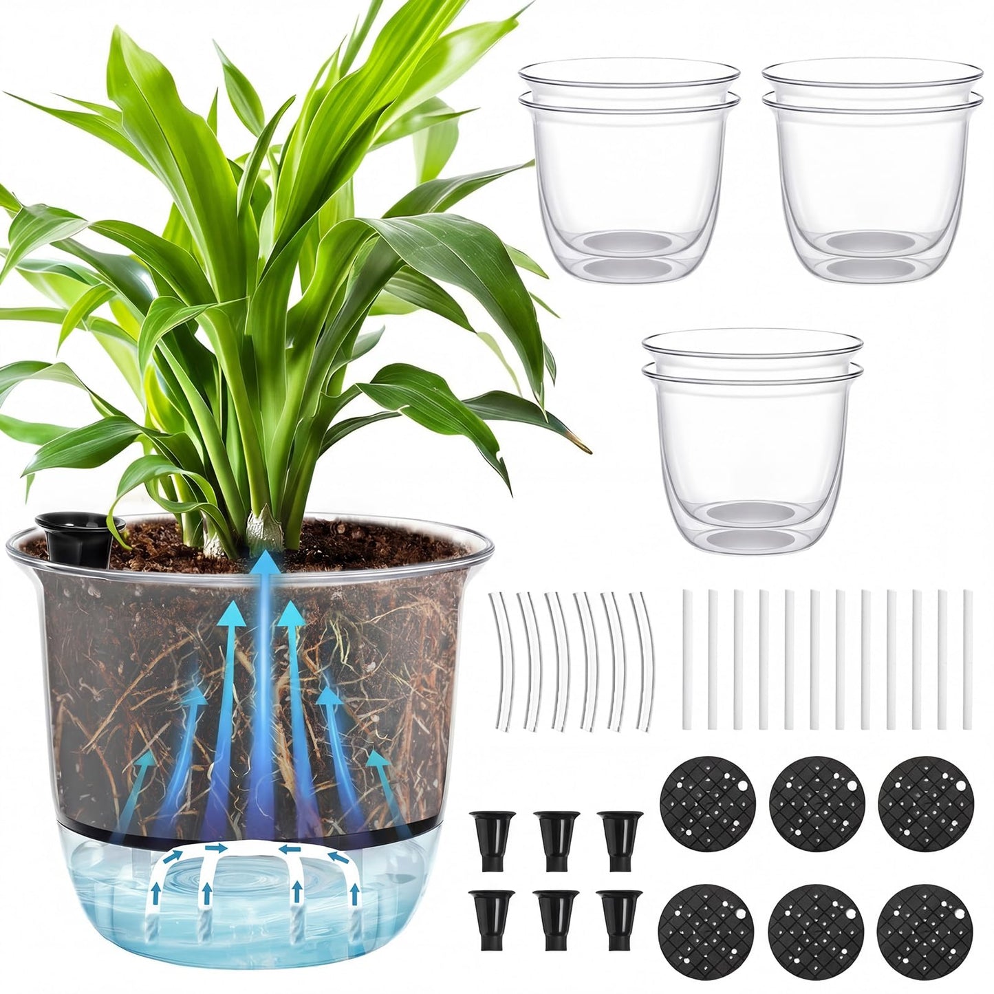 Ferrochef 6 Pcs Clear Self Watering Pots for Indoor Outdoor Plants Flowers, 4 Inch Self Watering Planters with Reservoir, Drainage Hole and Absorbent Cotton Rope
