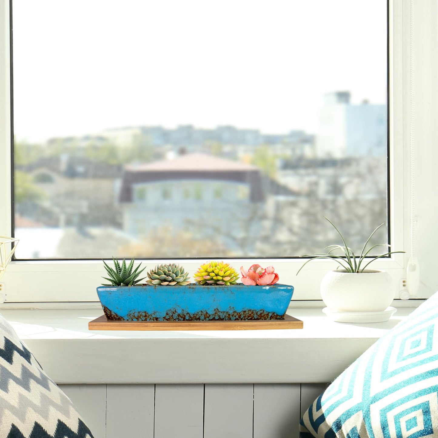 ARTKETTY Succulent Pots - Long Rectangle Succulent Planters with Drainage Tray, Window Sill Planter, Ceramic Pots for Indoor Cactus Plants Shallow Bonsai Window Box for Home Garden Decor