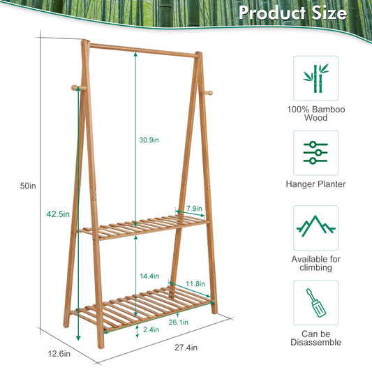 Tovacu Hanging Plant Shelf Indoor Outdoor Plant Stands Wood Flower Stand 2 Tiered Bamboo Plant Shelves Holder Rack for Patio Balcony Garden (Tall,50 inch)