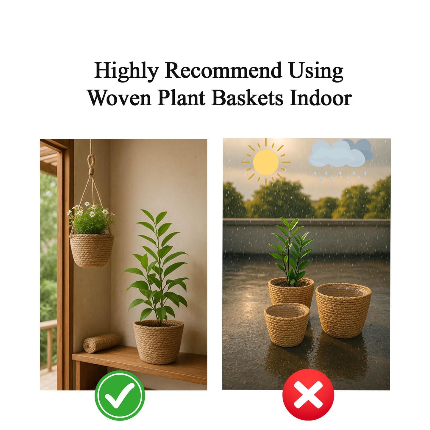 Laquedecraft Woven Seagrass Plant Basket with Hangers | Decorative Planter for Small-Space Living or Natural Home Styling | Perfect for Living Room, Balcony, Patio, Kitchen or Gadren (Set of 2)