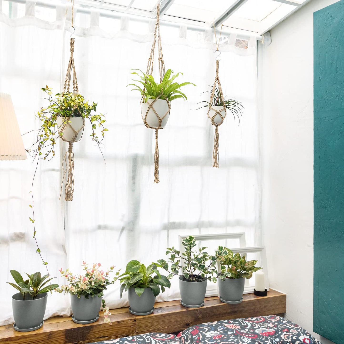 Mkono 43 Inch Macrame Plant Hanger Large for up to 12 Inch Pot Extra Long Hanging Plant Holder No Tassels and 3 Different Sizes Plant Hanger