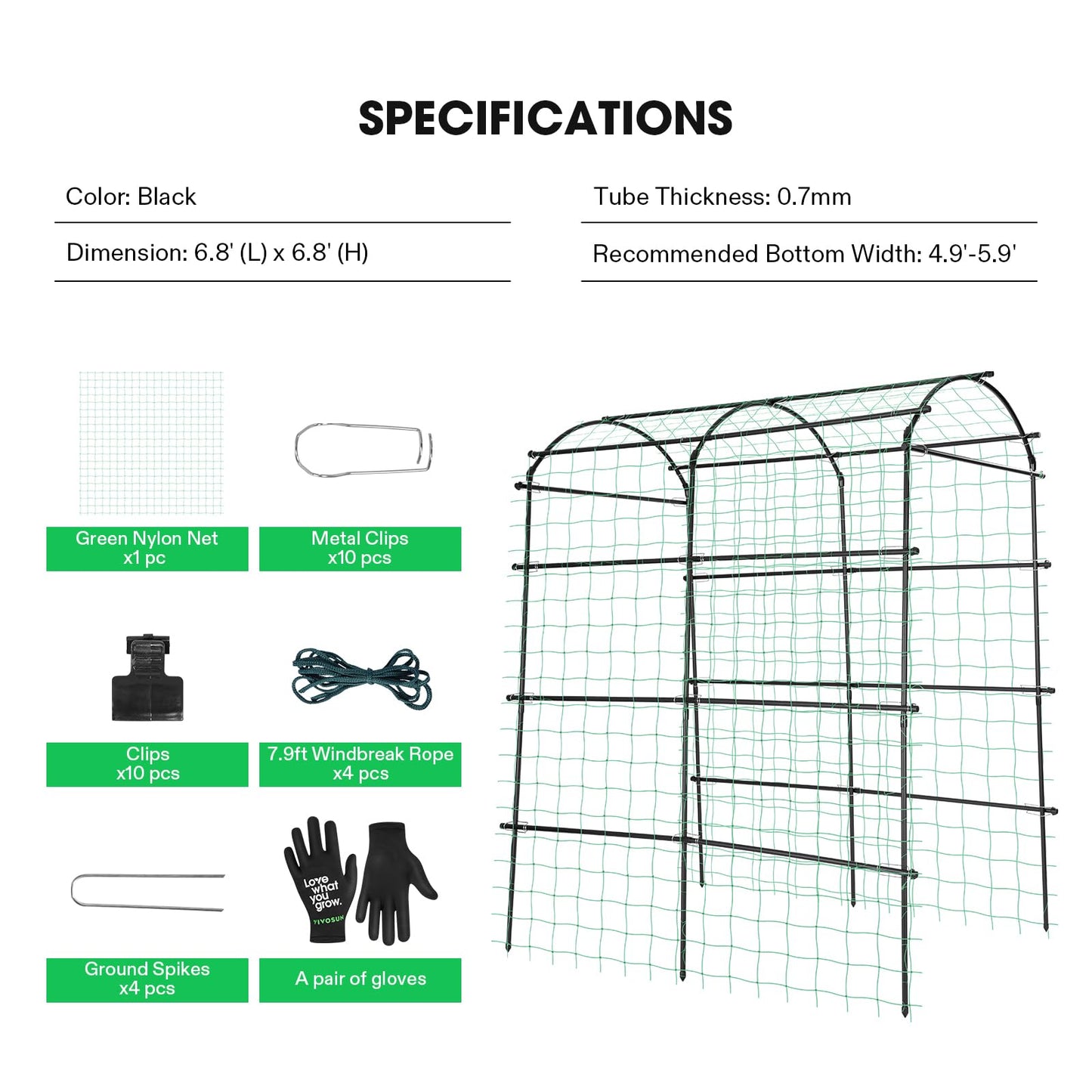 VIVOSUN 7Ft. Arch Trellis for Climbing Plants, 7 x 6 x 7ft Tall Metal Tunnel Trellis, Lightweight Metal Plant Support Archway with Nylon Netting for Climbing Vine, Vegetables, Fruits, Flowers, Black