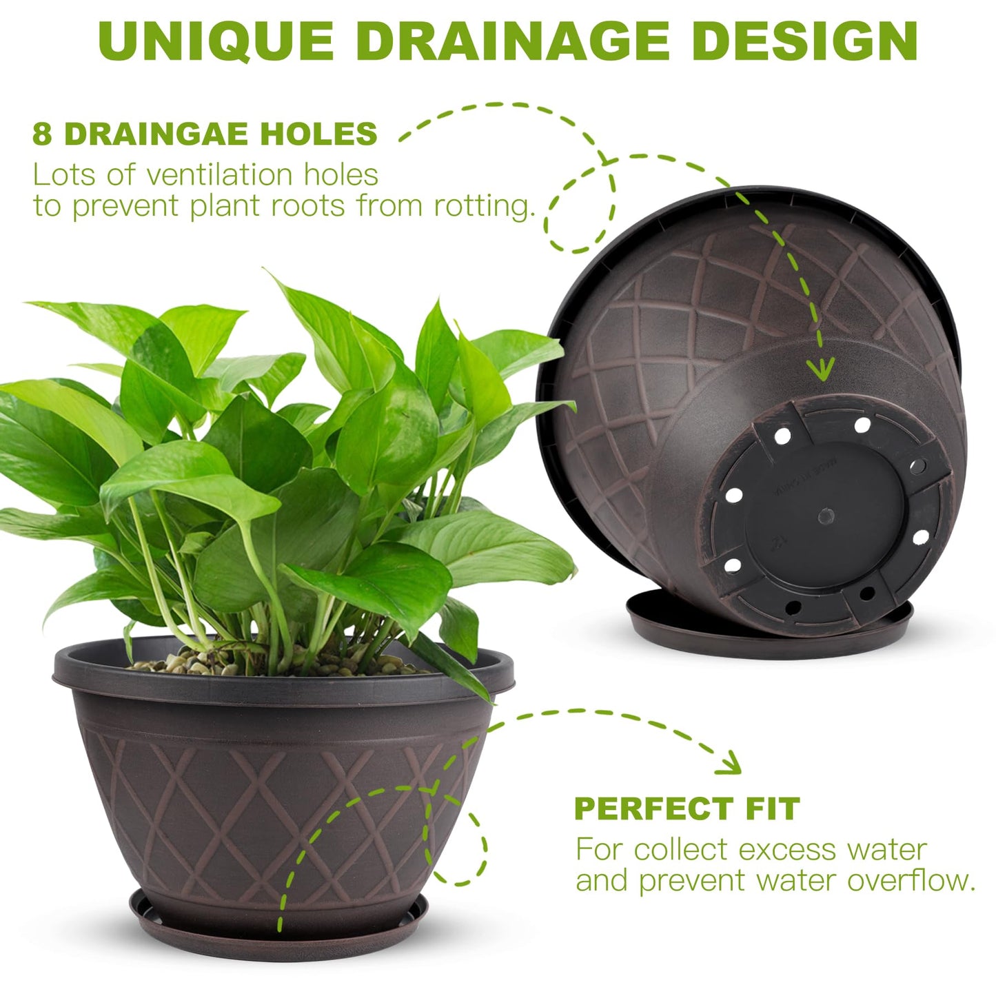 6 Pack 8 Inch Plant Pots, Planters with Drainage Holes & Saucers, Modern Imitation Diamond Pattern Design Plastic Flower Pots for Indoor & Outdoor Plants, Succulents, Flowers, and Herbs (Brown)