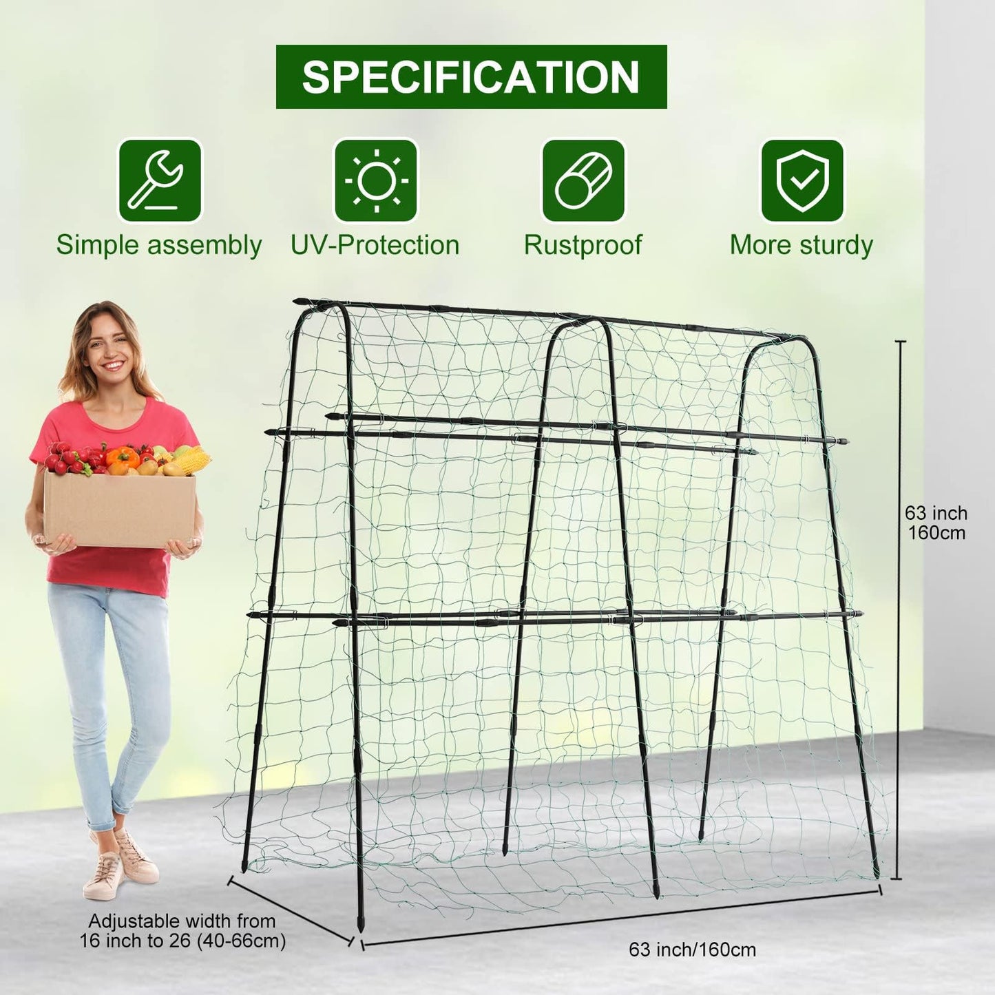 FOLLOOK Cucumber Trellis for Raised Bed, 5x5ft Metal Garden Trellis Climbing Plants Outdoor Tomato Plant Support Grape Vegetables Squash Bean Pea Cucumber Trellis, with Netting, Black