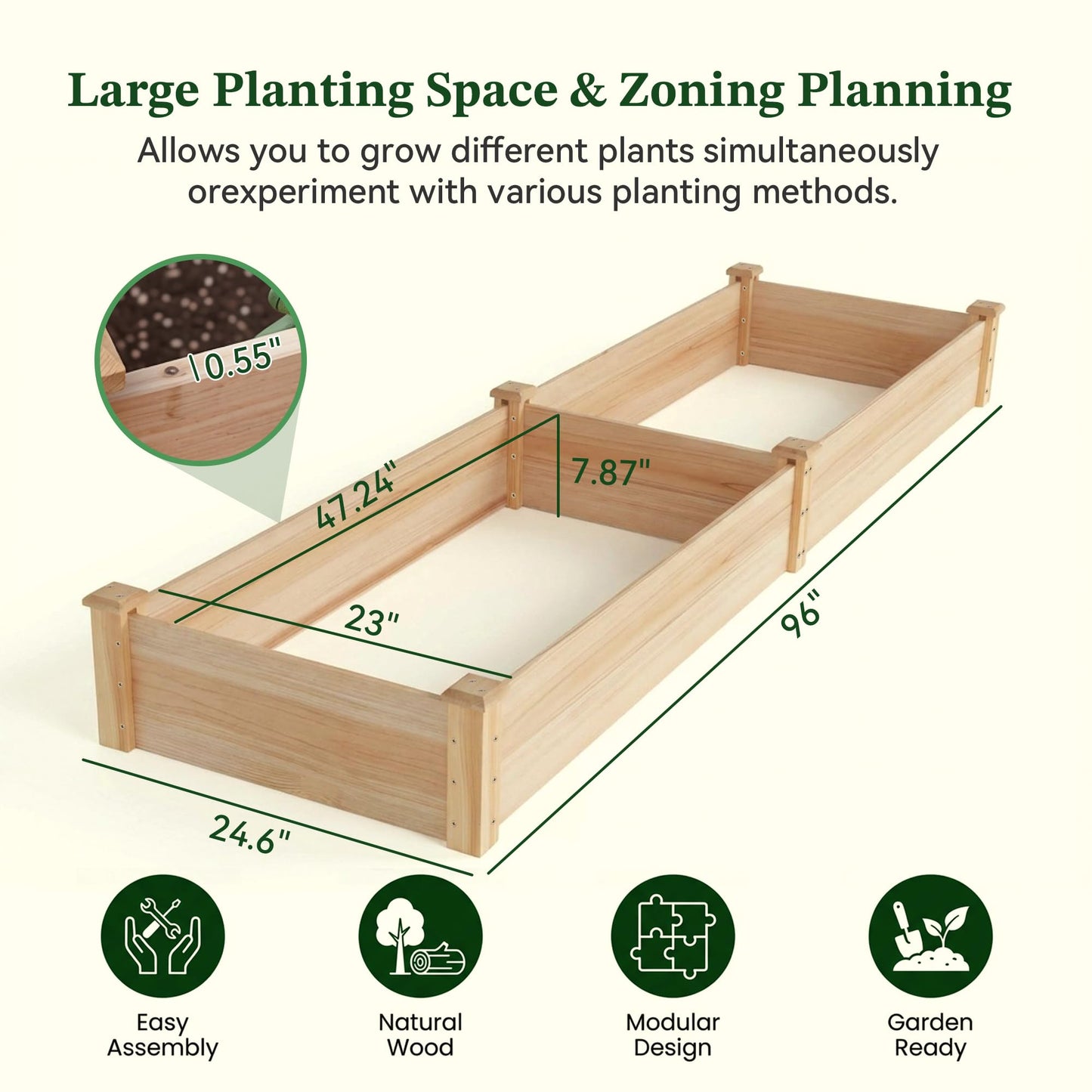 ZSYWODFO 8x2ft Outdoor Wooden Raised Garden Bed, Elevated Planter Box for Vegetables/Garden/Lawn/Patio, Natural Wood, 96 x 24 x 9in