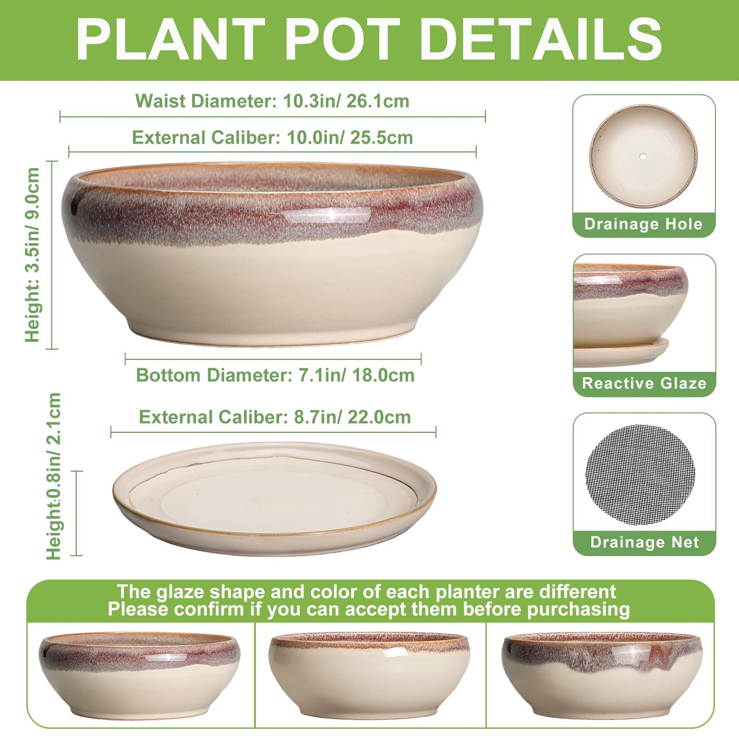 SQOWL Bonsai Tree Pots - 10 Inch Ceramic Succulent Pots, Round Shallow Planter with Drainage Hole and Tray, Bowl Planter for Indoor Outdoor Plants Flowers, Room Decor, Garden Gifts, Beige