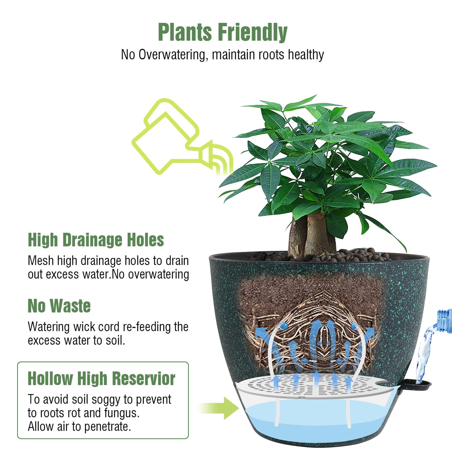 12inch 2Pack Large Self Watering Planters, Plastic Plant Pots with 60oZ Removable Deep Reservoir and Multi Mesh Drainage Holes for Indoor Outdoor Garden Plants and Flowers, Black with Green Speckles