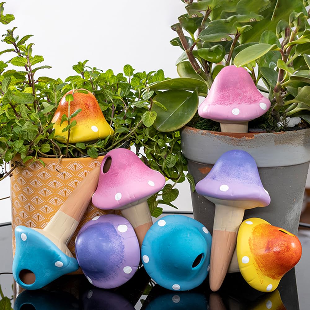 4 Pack Terracotta Watering Spikes, Vacation Self-Watering Planters Devices - Continuous Moisture with Slow Release Watering System - Perfect for Indoor Outdoor Plants (Fantasy Mushroom)