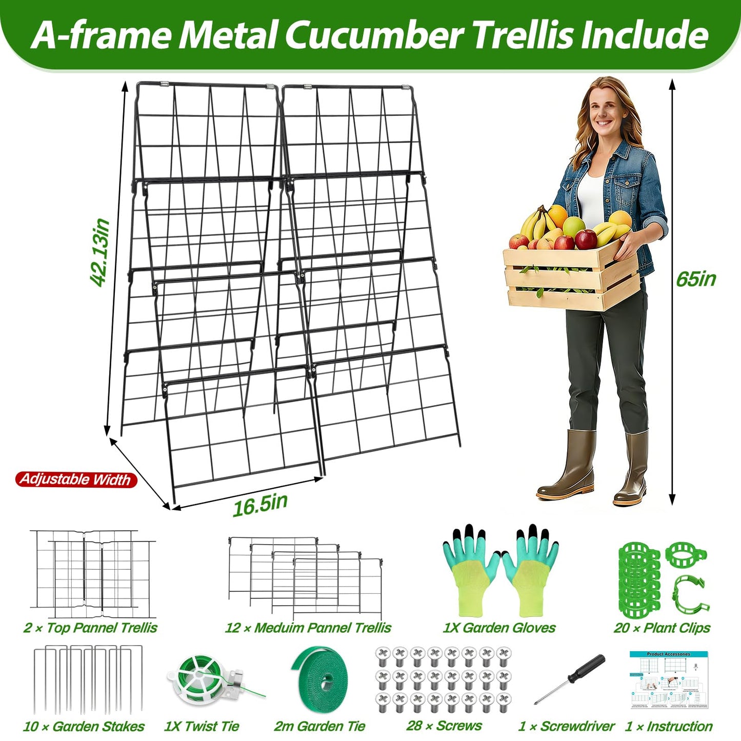 2 Packs Cucumber Trellis for Raised Bed 42 x 16 A Frame Metal Adjustable Garden Trellis for Climbing Plants Outdoor, Foldable Coated Steel Easy Install Cucumber Trellis for Vegetable Fruit Flower