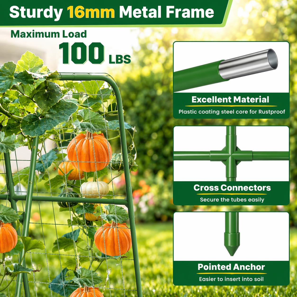 Garden Trellis for Cucumbers, 63” Tall Plant Trellis with 16mm Heavy Duty Frame, U-Shaped Arch with Netting, Includes 20 Clips, Metal Climbing Support for Raised Beds & Vegetables