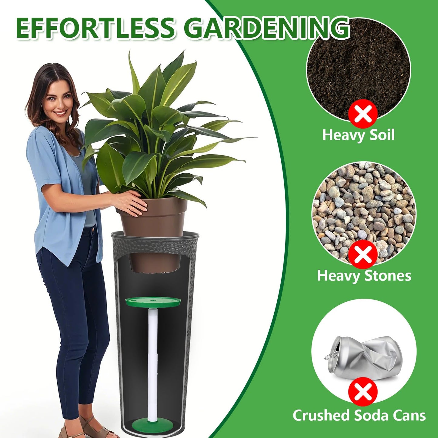 2 Pack Plant Riser Inserts for Large Pots, 8 in/10 in Interchangeable Sturdy Planter Inserts & 21 - 33 in Adjustable Height Lifters Planter Filler for Indoor & Outdoor Various Shapes Pots（Green）