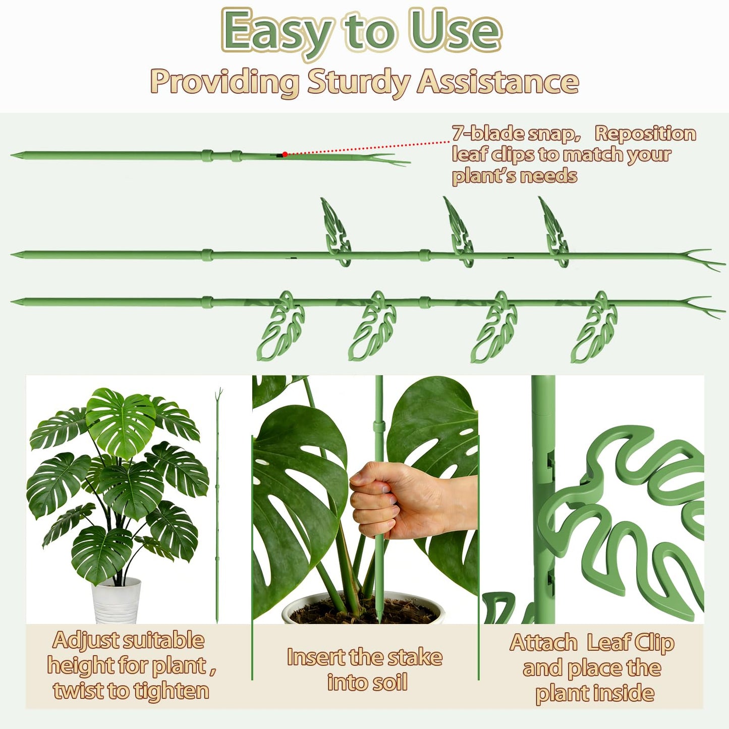 Telescoping Plant Stakes, Detachable Leaf Clips, Monstera Plant Support Stick Adjustable from 21In to 43.3In, Plant Support Stakes Ideal for Indoor, Garden and Climbing Plant, Vegetables - 2 Pack