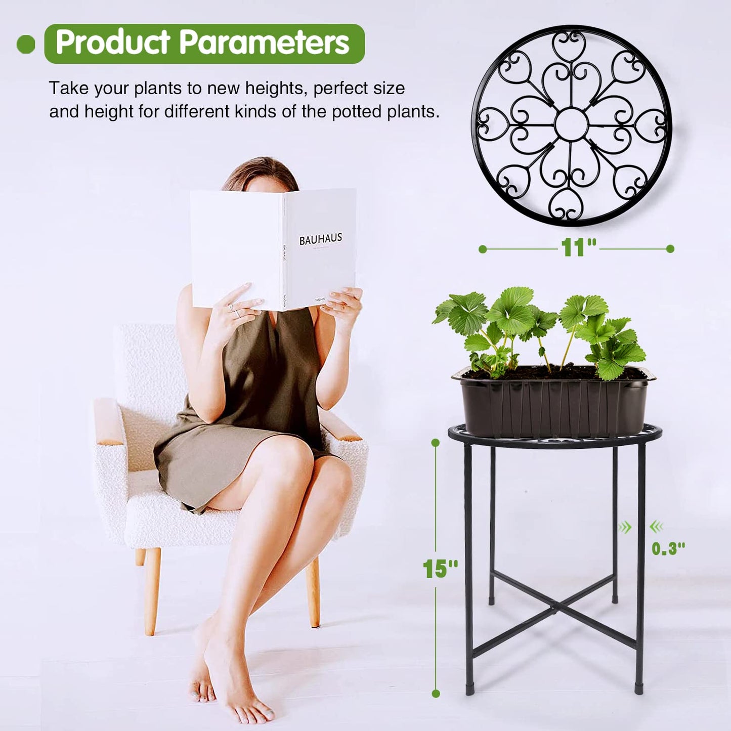 KABB Metal Plant Stand, 15'' Tall Flower Pot Stand Set of 2, Modern Rustproof 10-inch Round Outdoor Plant Stand | Iron Art Flower Stand | Plant Stool, Decorative Black Plant Stands for Indoor Plants