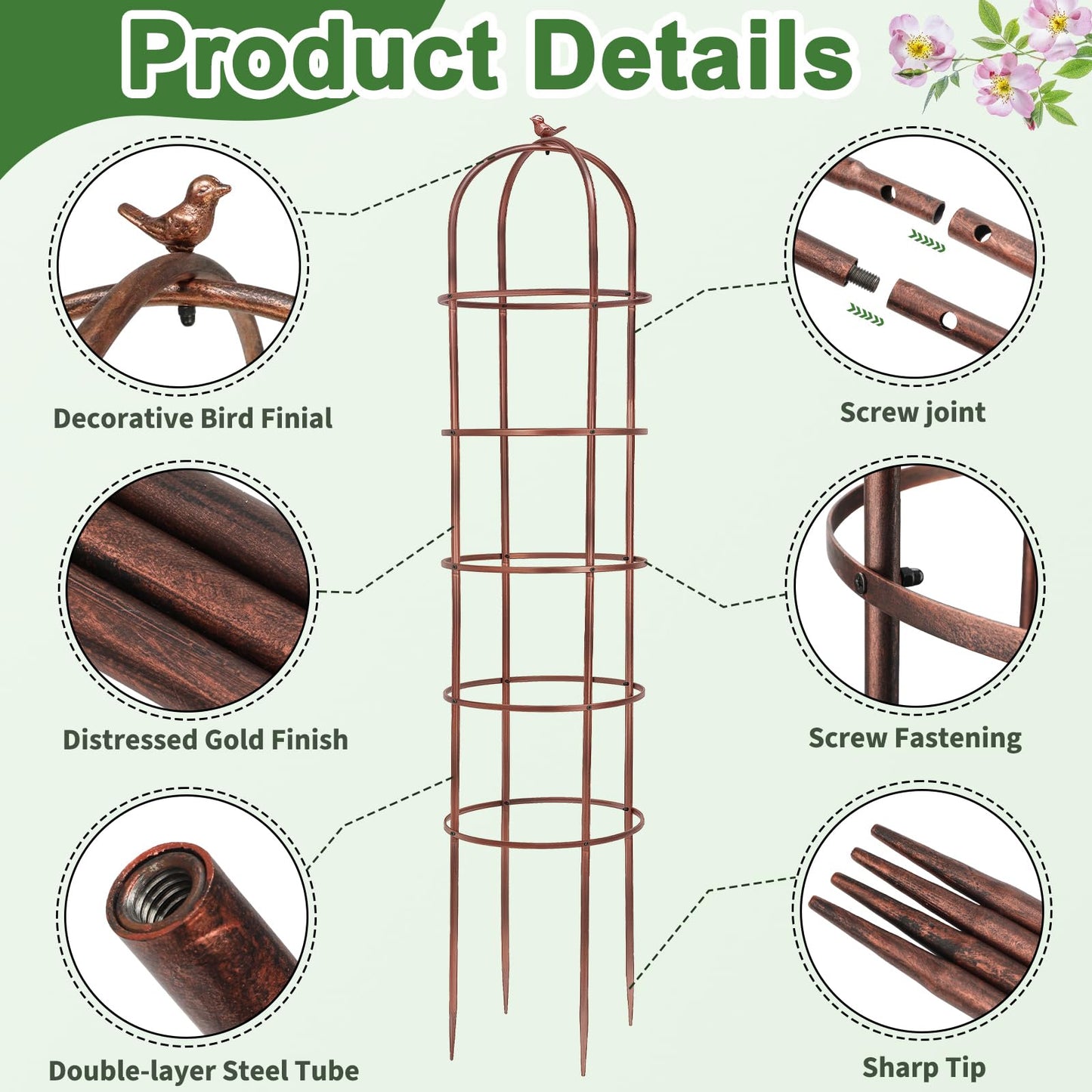 HEYTIMI 1 Pack 7Ft Heavy Duty Metal Garden Obelisk Trellis for Climbing Plants, Rust-Resistant Steel Vine Support Bird Finial for Rose Clematis, Potted Flowers Stand Indoor Outdoor Decor (Rose Gold)