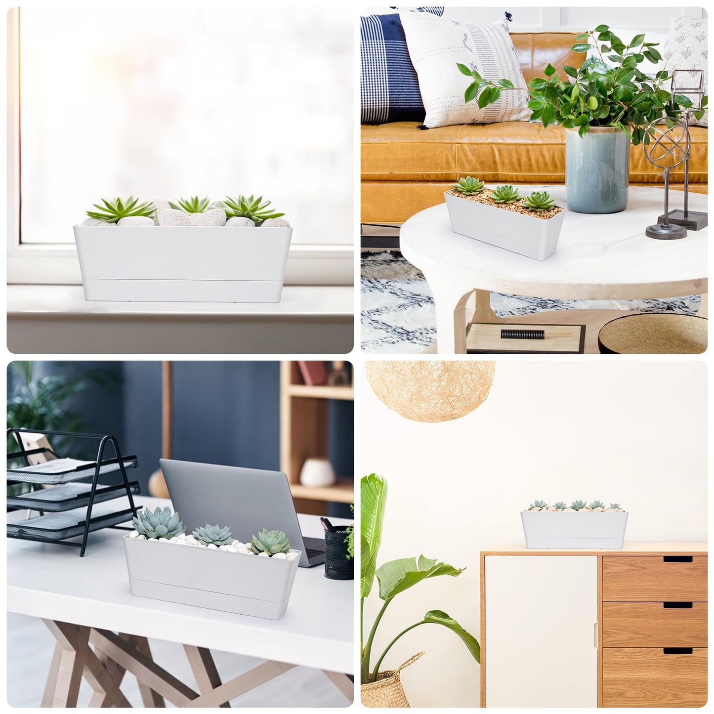 GREANER Herb Planter with Tray, 1 Pack 12x3.8 Inch Rectangle Window Box, Indoor Succulent Flowers Succulent Plastic Pot for Windowsill, Garden, Balcony, Office Outdoor Decoration - White