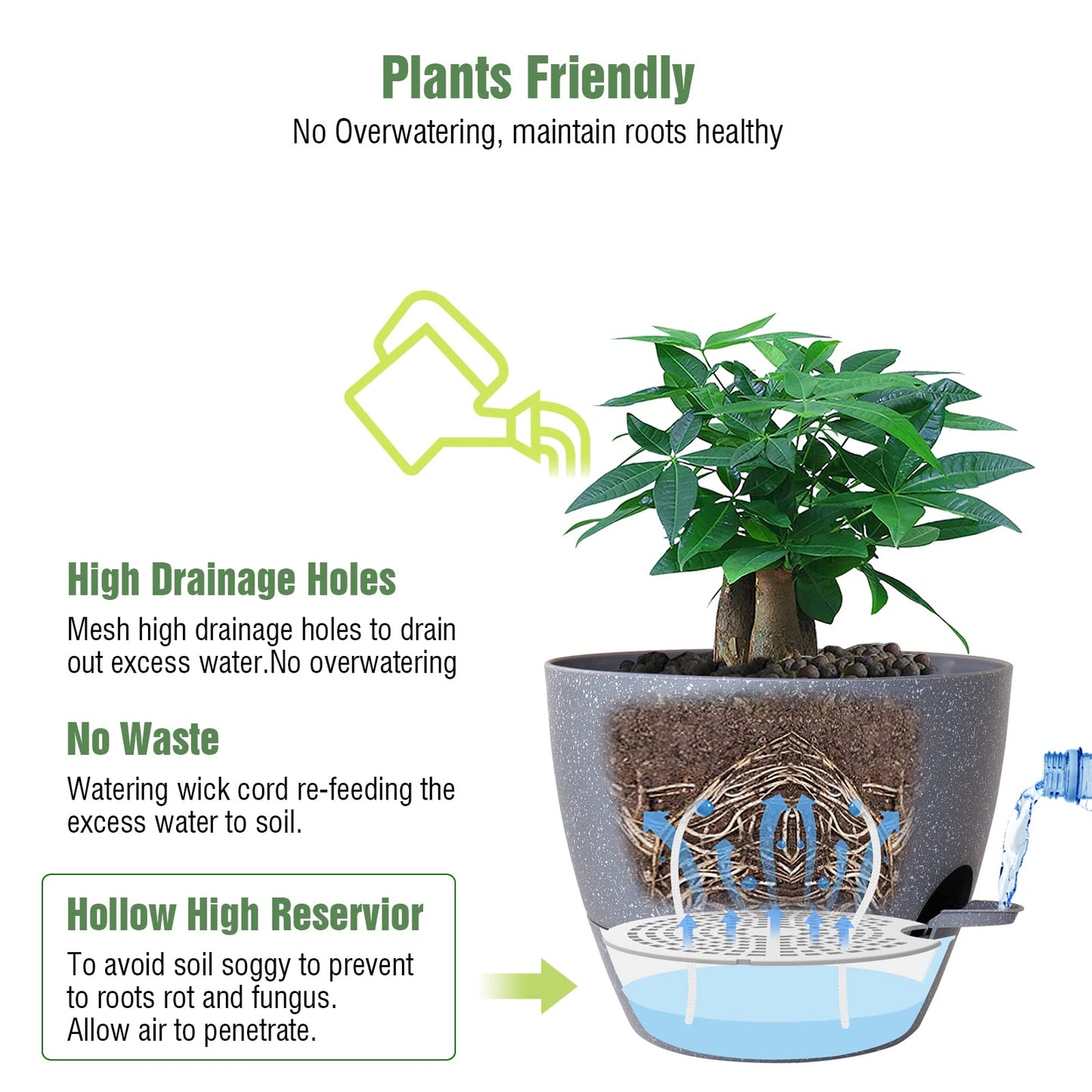 UOUZ 12inch 2Pack Large Self Watering Planters, Plastic Plant Pots with 60oZ Removable Deep Reservoir and Multi Mesh Drainage Holes for Indoor Outdoor Garden Plants and Flowers, Grey Speckles