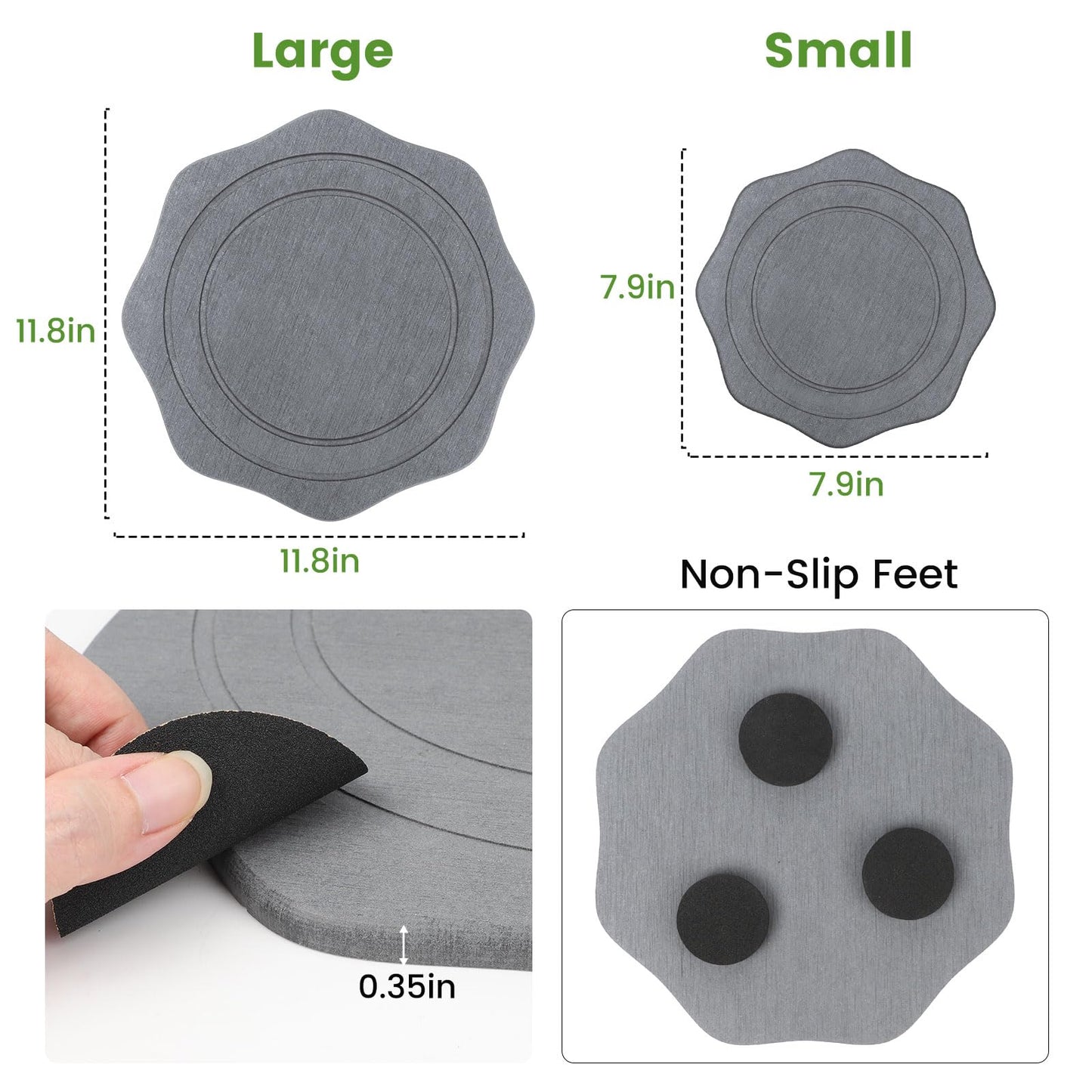 seaflash Plant Saucer for Indoors, 2 Packs 8 12 inch, Diatomaceous Earth Pot Saucers No Holes, Instant Dry Plant Drainage Trays for Pots, Dark Gray