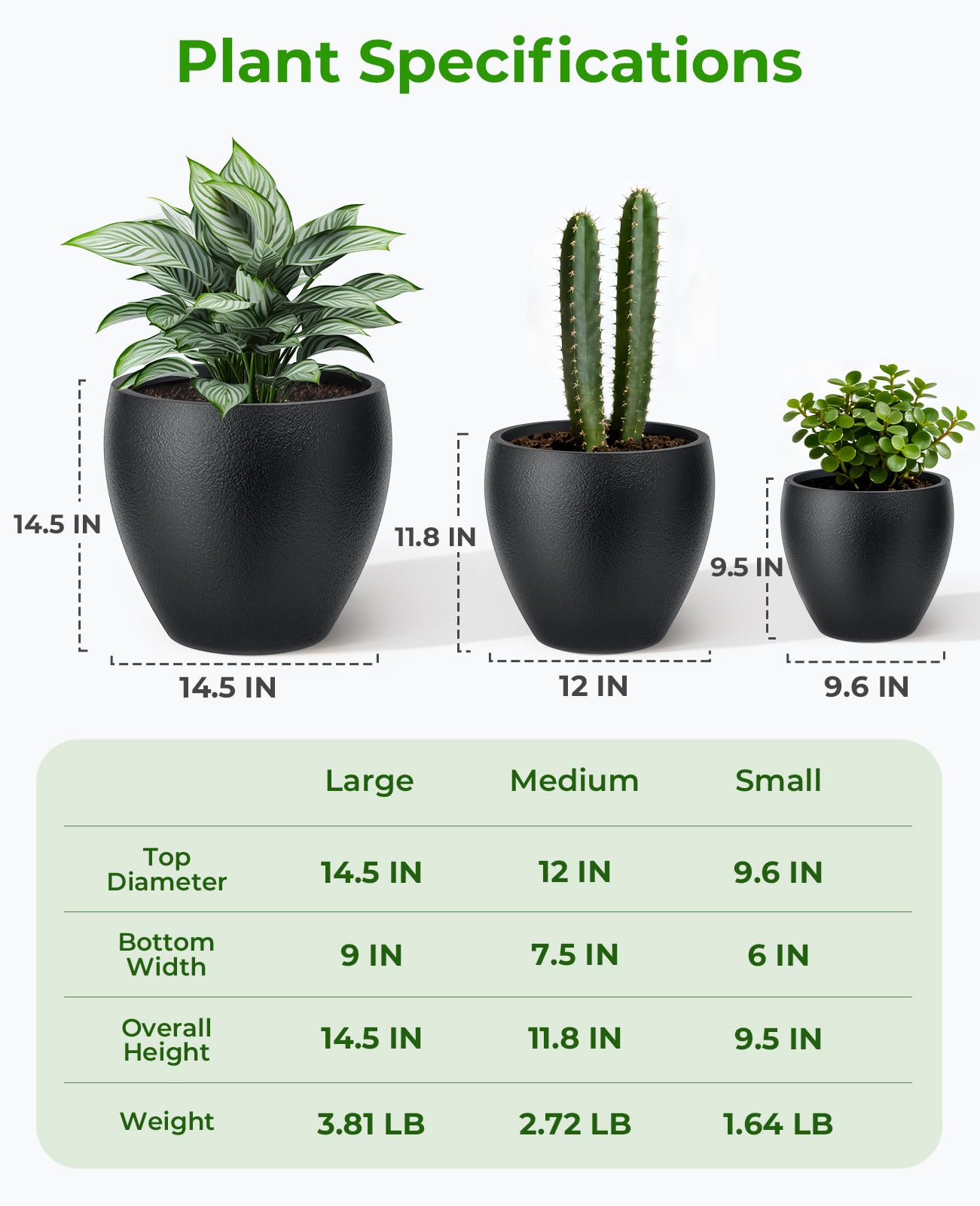 homenote Flower Pots 14.5/12/9.6 Inch,Large Plant Pots Indoor with Drainage,Plastic Pots for Plants,Garden Pots for Outdoor,Large Planters for Indoor Plants,Big Plastic Planter,Off-Black(3 Pcs)