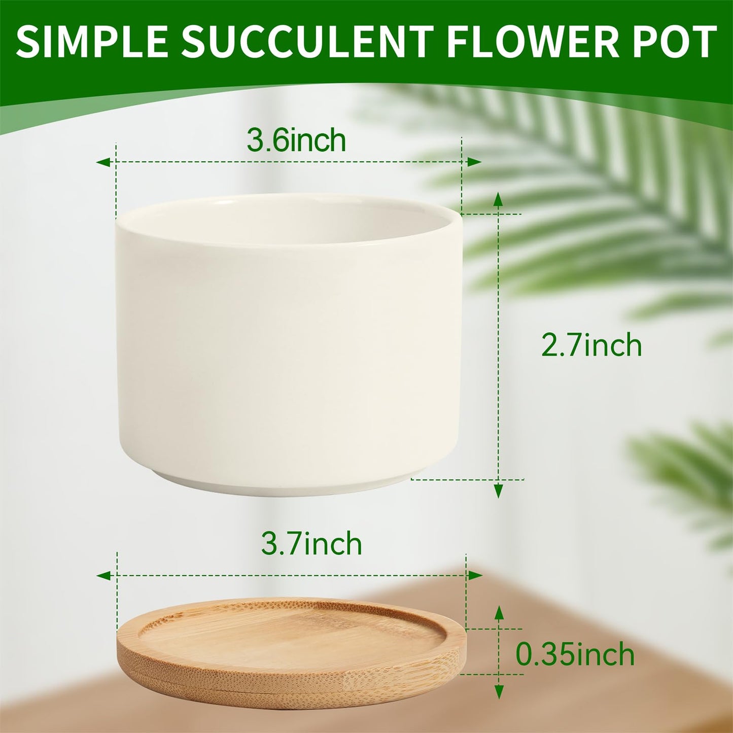 ZOUTOG 12 Pack Ceramic Succulent Pots,3.6 Inch Plant Pots,Succulent Planters with Drainage Hole & Bamboo Tray for Indoor Plants,White Small Flower Planters for Home,Office,Desk