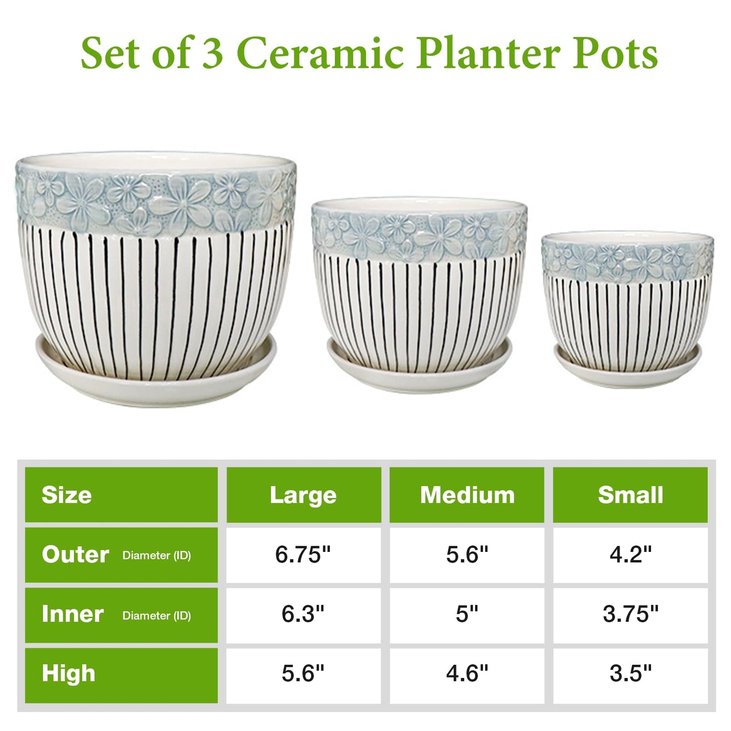 Hlukana Ceramic Plant Pots Set of 3, 6.75/5.6/4.2 inch Planters with Drainage Holes and Saucer, Flower Pot Outdoor Indoor, Modern Decorative Planters for House Plants Garden Planters Succulent Pots