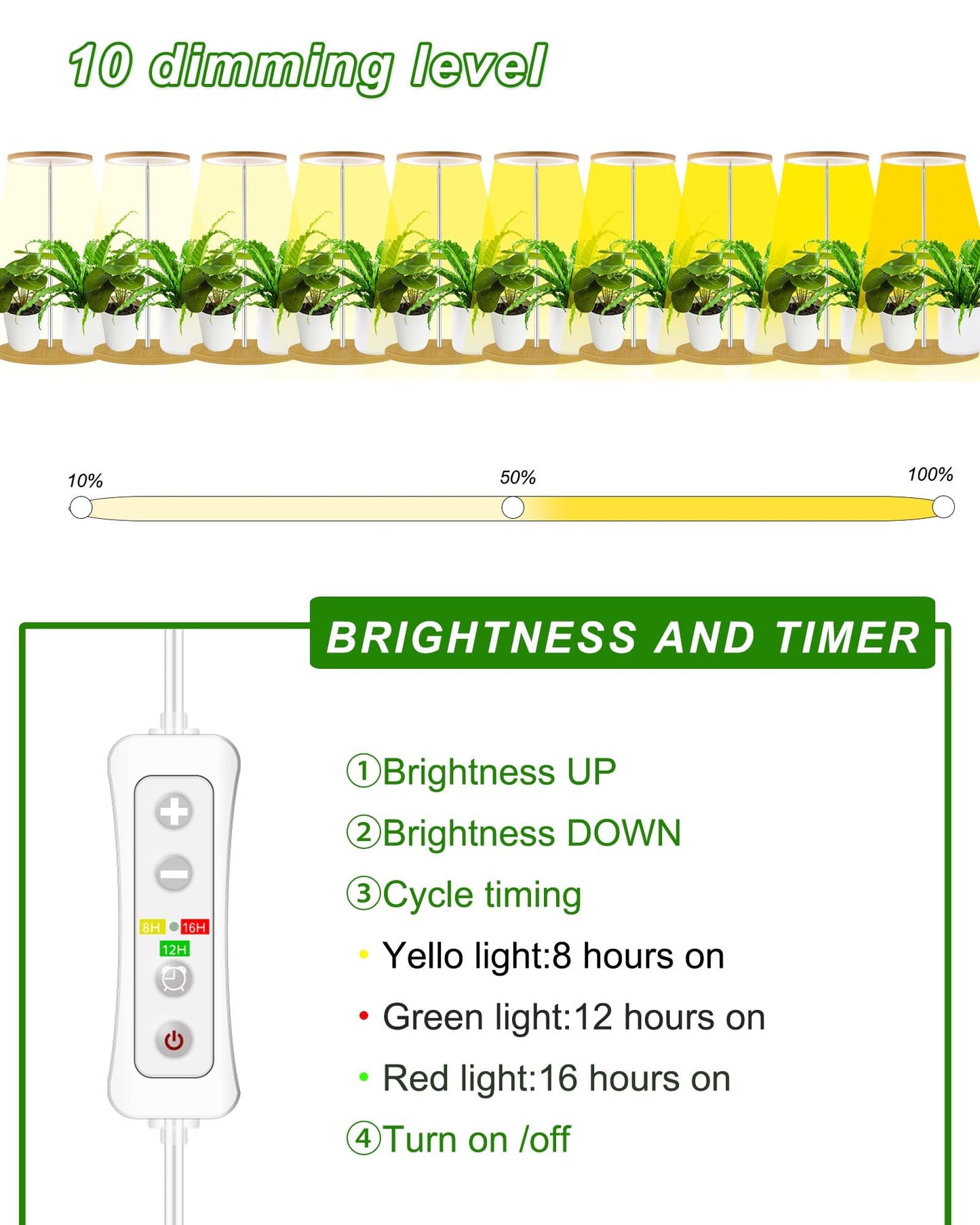 Plant Grow Light for Indoor Plant,Bamboo Mini LED Grow Light Garden,Height Adjustable,Automatic Timer with 8/12/16 Hours，2 Pack