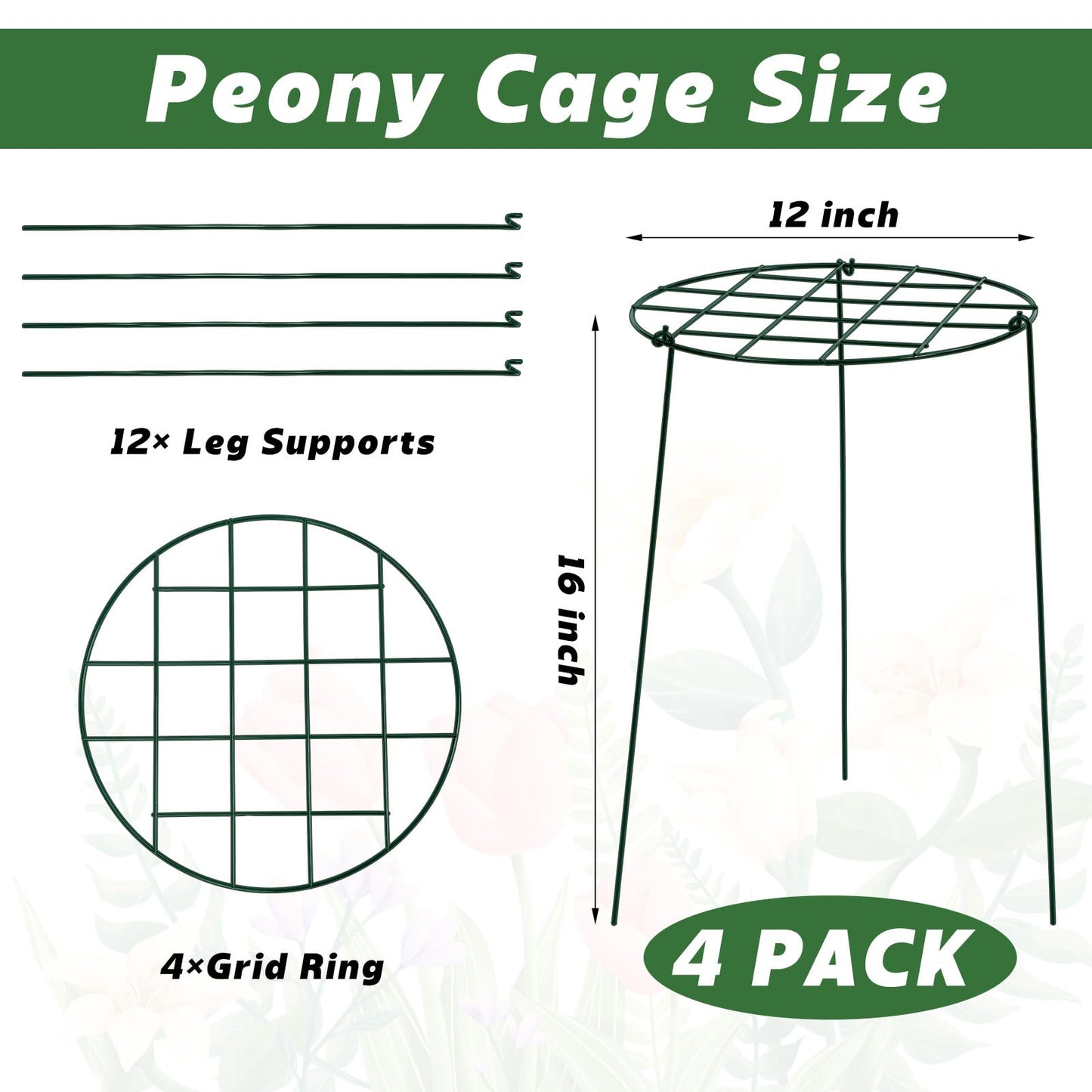 Sunnychicc 4 Pack Round Peony Cages and Supports 12 x 16 Inches (D x H) Grow Through Grid Plant Brace Plant Support Stake Heavy Duty Metal Flower Support Rings for Rose Tomato Hydrangea Strawberry