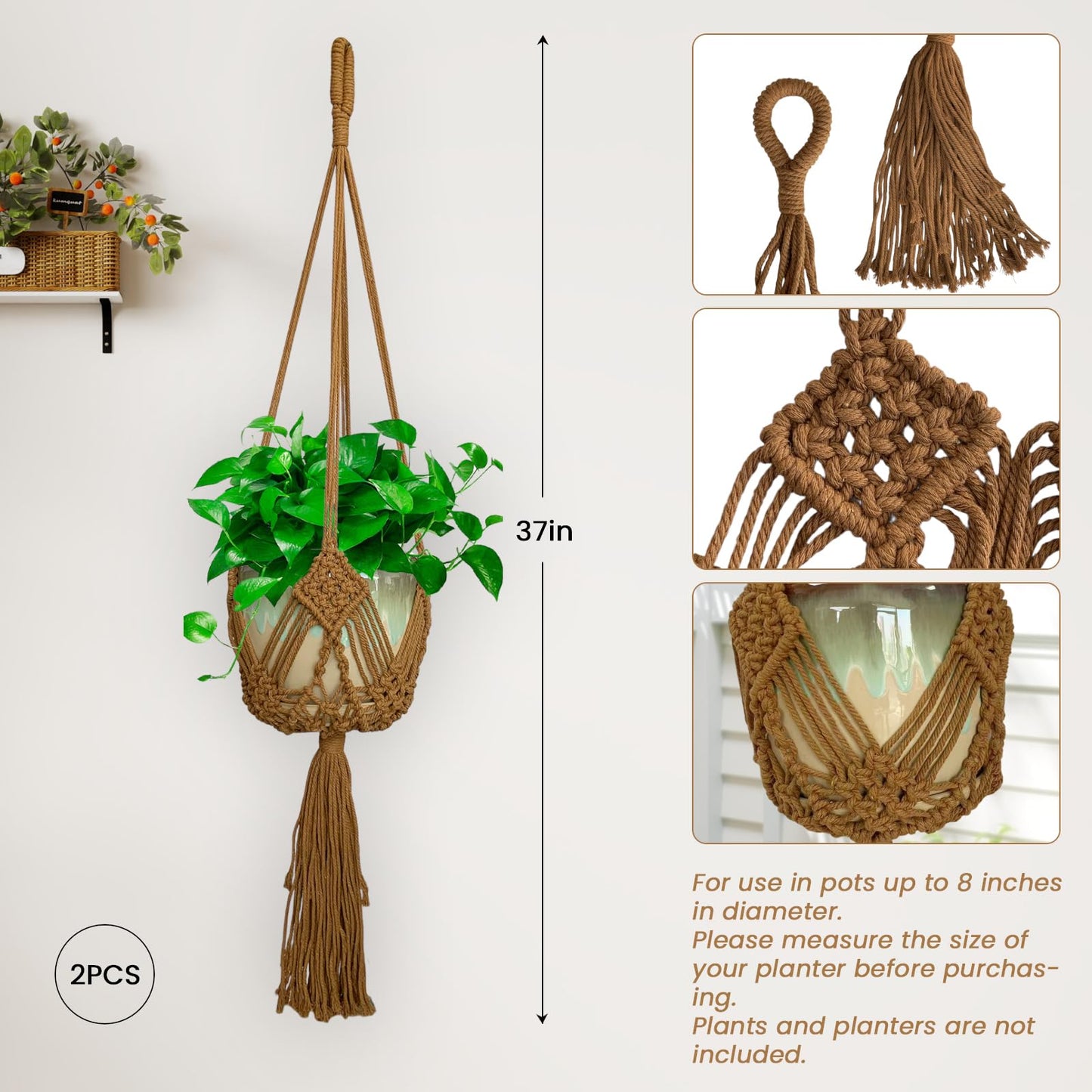 UUNXAM Hanging Planter with Patterns,2Pcs Macrame Plant Holder Rope with S Shaped Hooks,Indoor Macrame for up to 8 inch Pot Crochet,Boho Plant Hanger Holder for Indoor Outdoor