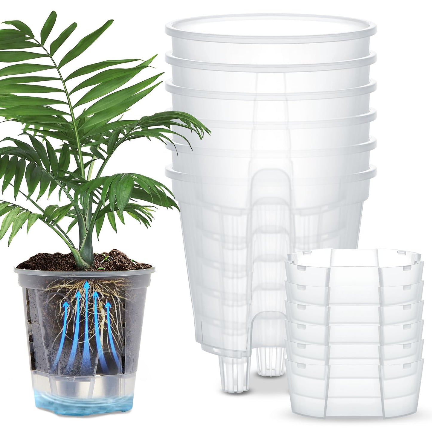 Wonderjune Self Watering Pots for Indoor Plants with Deep Reservoir and High Drainage Holes for Outdoor Plants and Flowers, Bare Root Planter(7.09'',Clear,6 Pcs)
