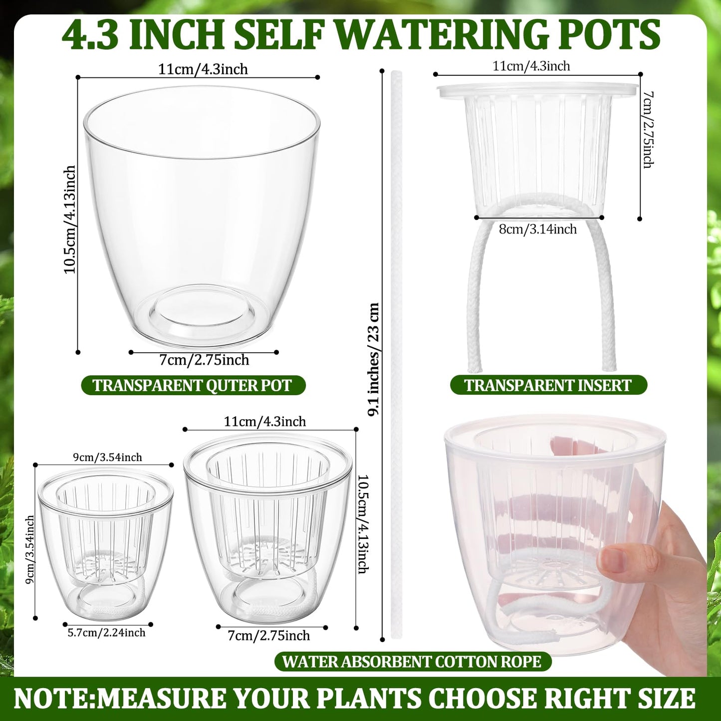 Ferrochef 36pcs Self Watering Pots 4.3 Inch Plastic Flower Plant Pot with Inner Pot Self Watering Wick Planter White Clear Flower Pots for Indoor House Plants Herbs, Flowers, Succulents (Transparent)