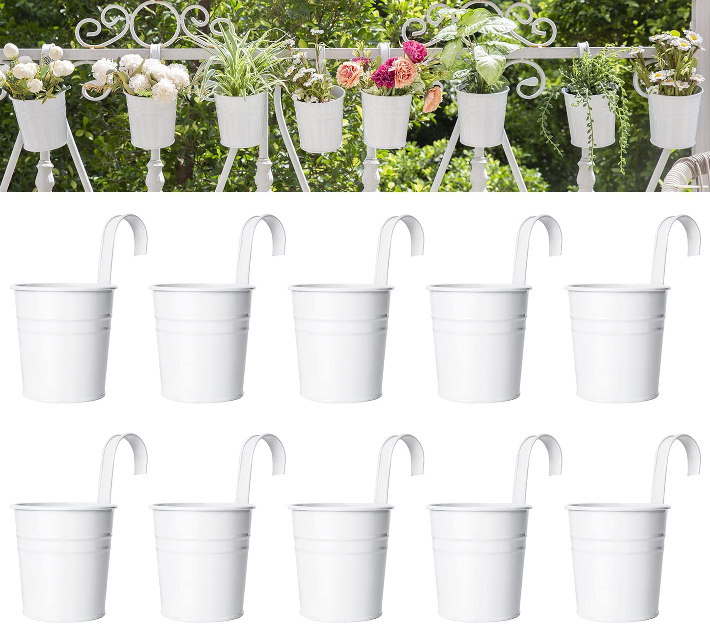 Dahey 10 Pcs Hanging Flower Pots Metal Iron Bucket Planter for Railing Fence Balcony Garden Home Decoration Flower Holders with Detachable Hooks, White, 4 Inches