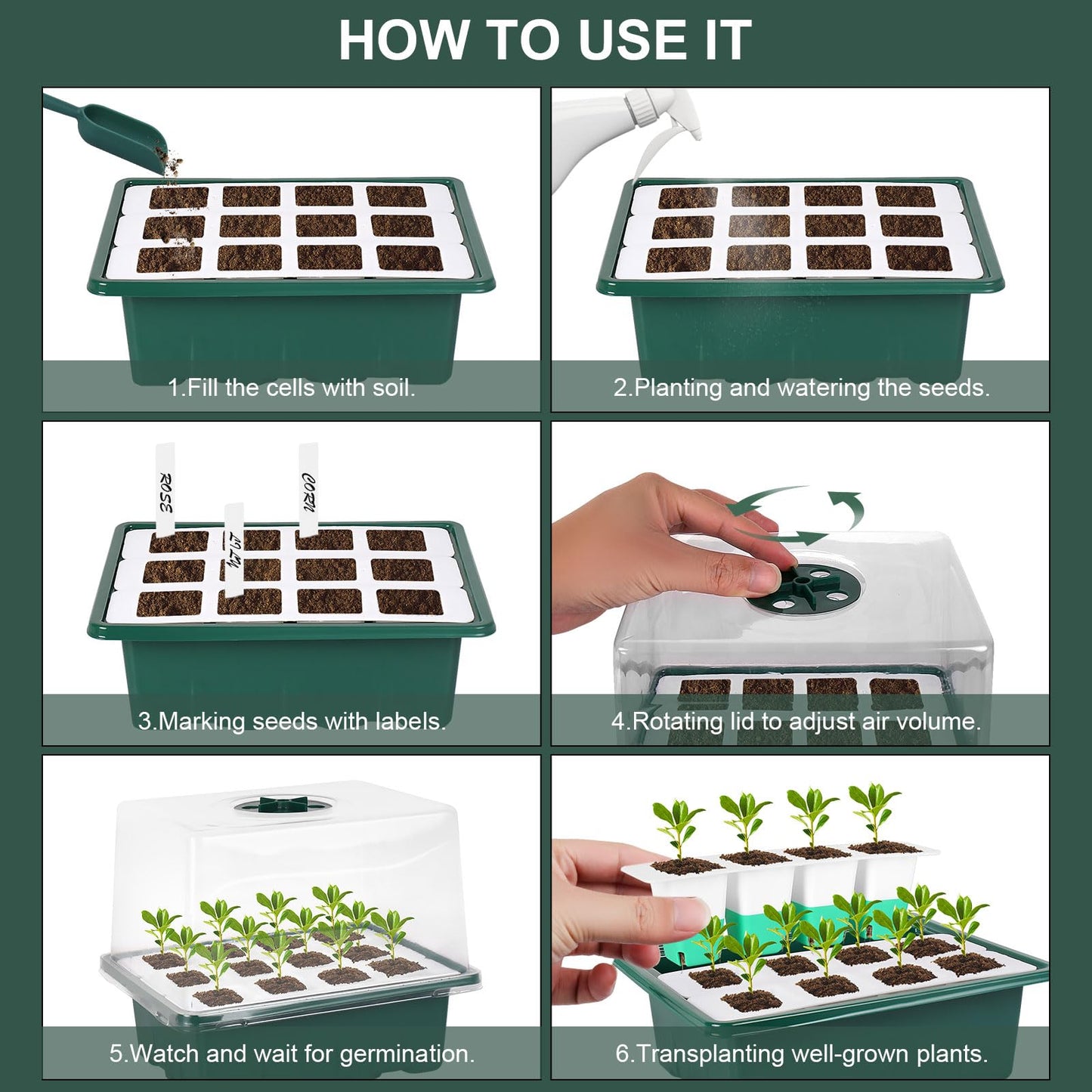 Sondiko Silicone Seed Starter Tray, 48 Cell Reusable Seed Starter Kit, Seedling Starter Trays with Humidity Dome, Mini Greenhouse Germination Kit, Perfect for Starting Vegetable, Flower & Herb Seeds