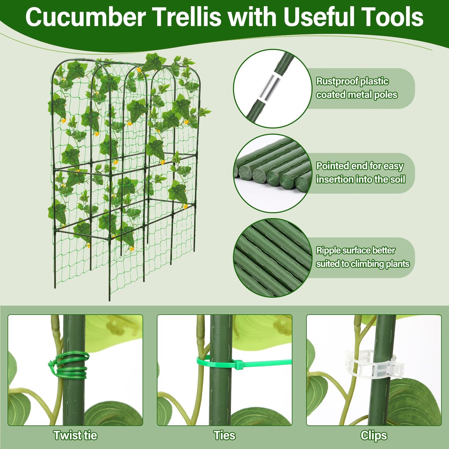 Cucumber Trellis for Climbing Plants Outdoors, U-Shape Large Garden Frame Trellis with Planter for Raised Bed Vegetable Fruit Grow Support,65 (H) x 50(L) inches, Includes Netting Ties Gardening Tools