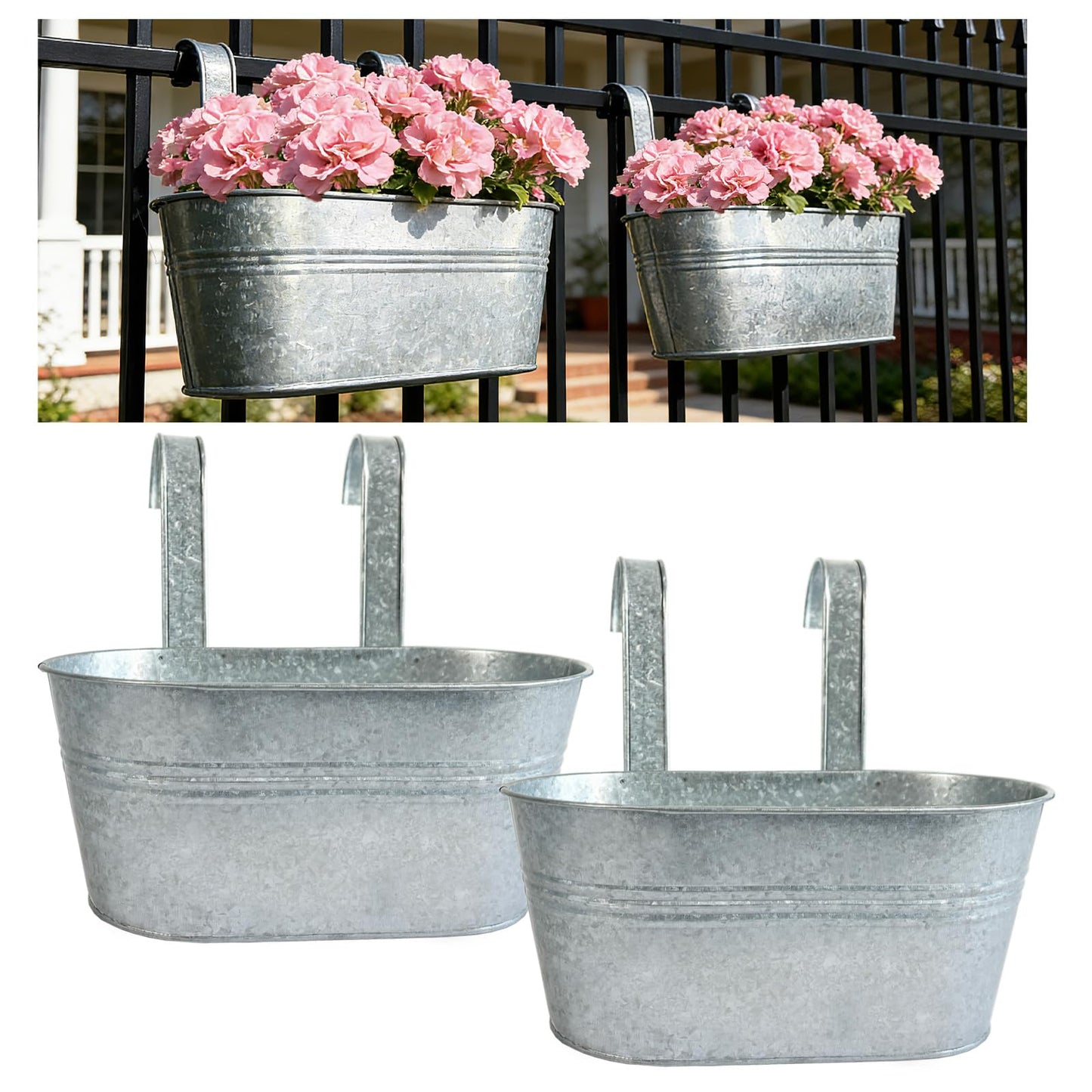 Joyfernal Balcony Galvanized Hanging Planters Railing Flower Pots, Outdoor Metal Fence Planter Pot with Detachable Hooks Drain Hole for Garden Patio Yard Decor (12 Inch, 2Pcs)
