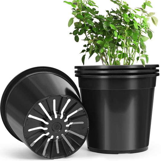 DUNPUTE 4 Pack 7 Gallon Pots for Plants, 7 Gallon Plastic Nursery Pot with Drainage Holes, Sturdy Plastic Plant Pots for Nursery Garden, Flowers, Succulent Outdoor Indoor (Black, 7 Gal- 4 Pack)