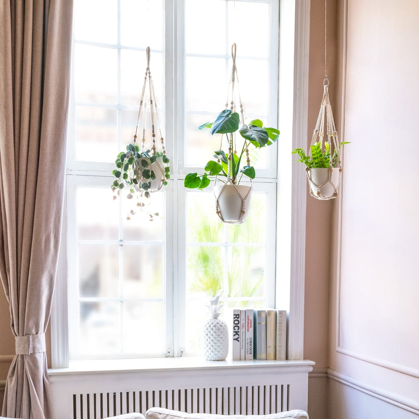 Mkono Set of 2 Macrame Plant Hanger 35 Inch and 43 Inch Indoor Hanging Planter Basket with Wood Beads Decorative Flower Pot Holder No Tassels, Ivory (POTS NOT Included)