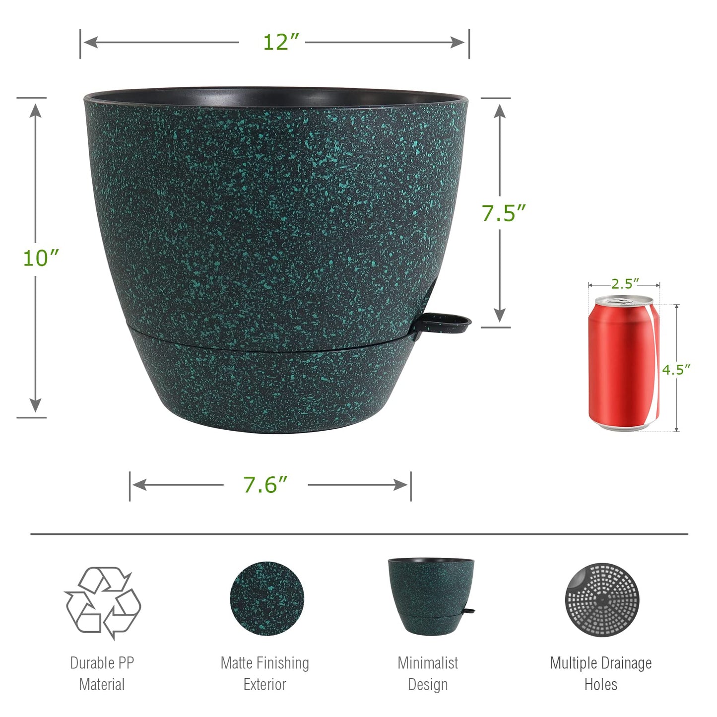 12inch 2Pack Large Self Watering Planters, Plastic Plant Pots with 60oZ Removable Deep Reservoir and Multi Mesh Drainage Holes for Indoor Outdoor Garden Plants and Flowers, Black with Green Speckles