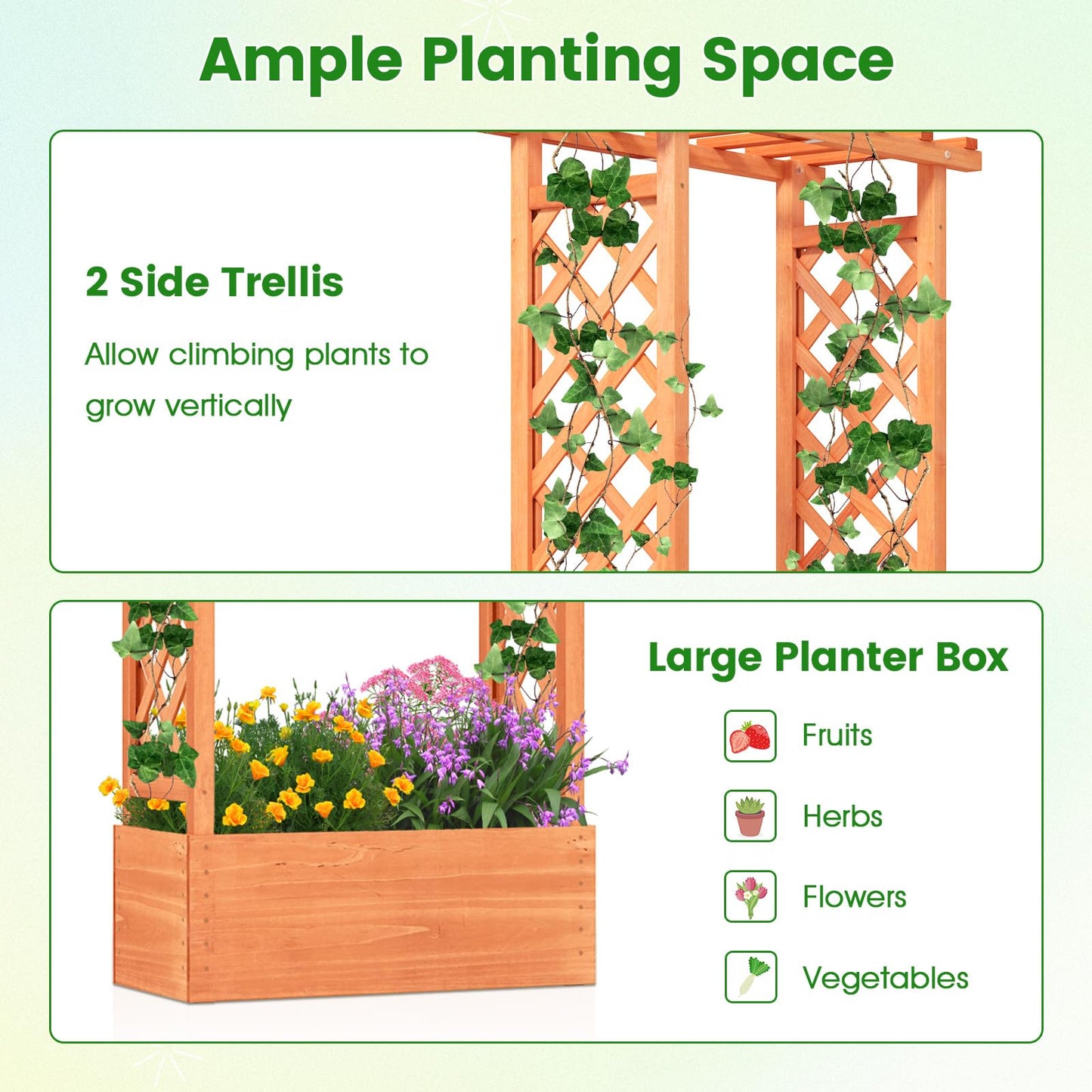 LDAILY Raised Garden Bed with Trellis, Above Ground Garden Bed with Hanging Roof, Side Trellis, & Drainage Holes, Planter Box for Outdoor Climbing Plants Vines Flowers (2, 31" L x 14" W x 60" H)