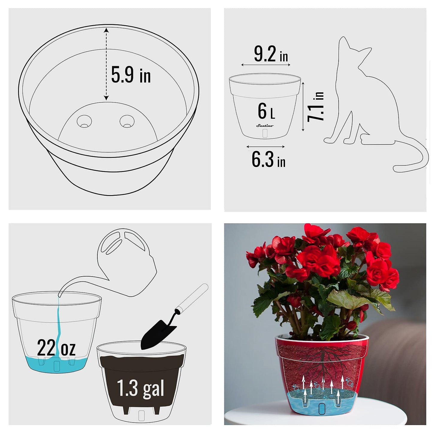 Santino ASTI 9.2 Inch Self Watering Planter Gold/Black for Indoor Plants - Premium Quality Modern Plastic Planter Pot w/Water Level Indicator for All House Herbs, African Violets and Dahlias