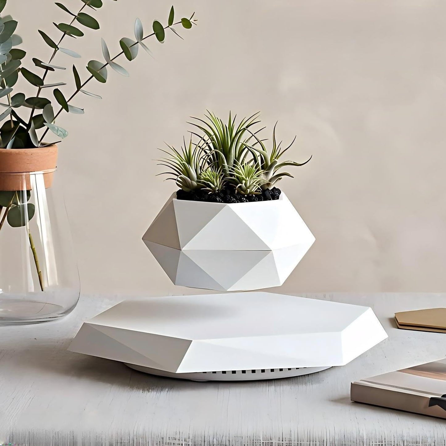 MAGECMOON HCNT Levitating Plant Pot, Magnetic Levitation Flower Pot Rotating Planters Suspension Floating Planter Succulents Potted for Home Living Room Office Desk Decoration (White)