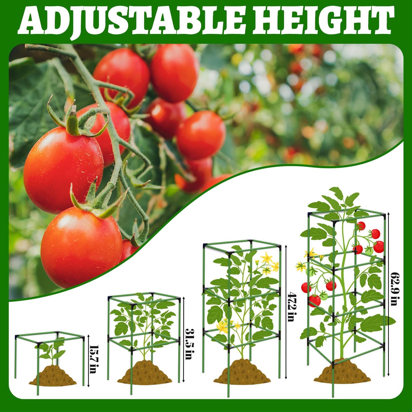 2 Pack Tomato Cages for Garden,Square Tomato Plant Cage Support Heavy Duty Pole 57*15.4*15.4 Inches,Steel Plant Tower Stakes,Cherry Tomato Trellis Cucumber for Climbing Vegetables Flowers Fruits-Green
