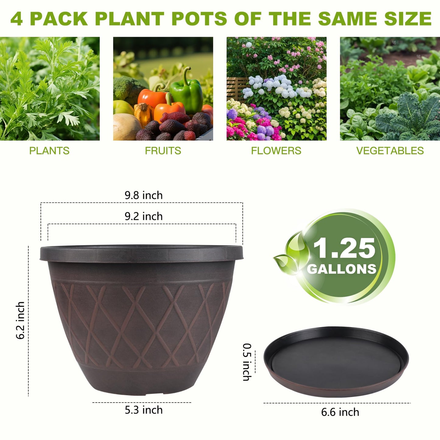 4 Pack 10 Inch Plant Pot, Planter Pots with Drainage Holes & Saucers, Modern Plaid Pattern Planters Garden Pots for Herbs, Decorative Plastic Flower Pots for Outdoor Indoor Home Plants (Brown)