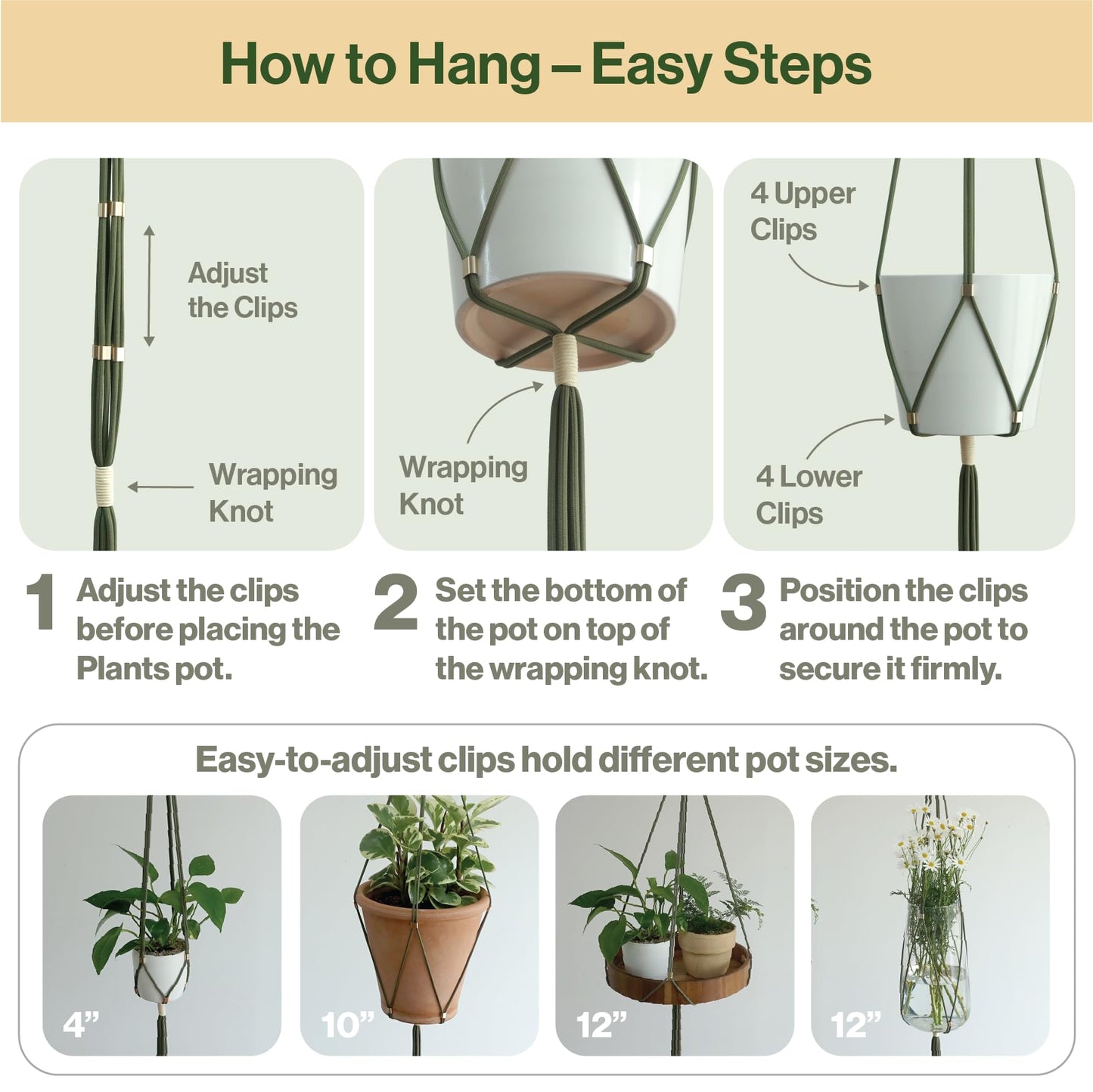 LET BE Macrame Plant Hanger Polyester Rope 42 Inch Outdoor Indoor Adjustable Hanging Planter for up to 10 Inch Plant Pot Modern Boho Home Decor (1, Forest Green/Ivory)