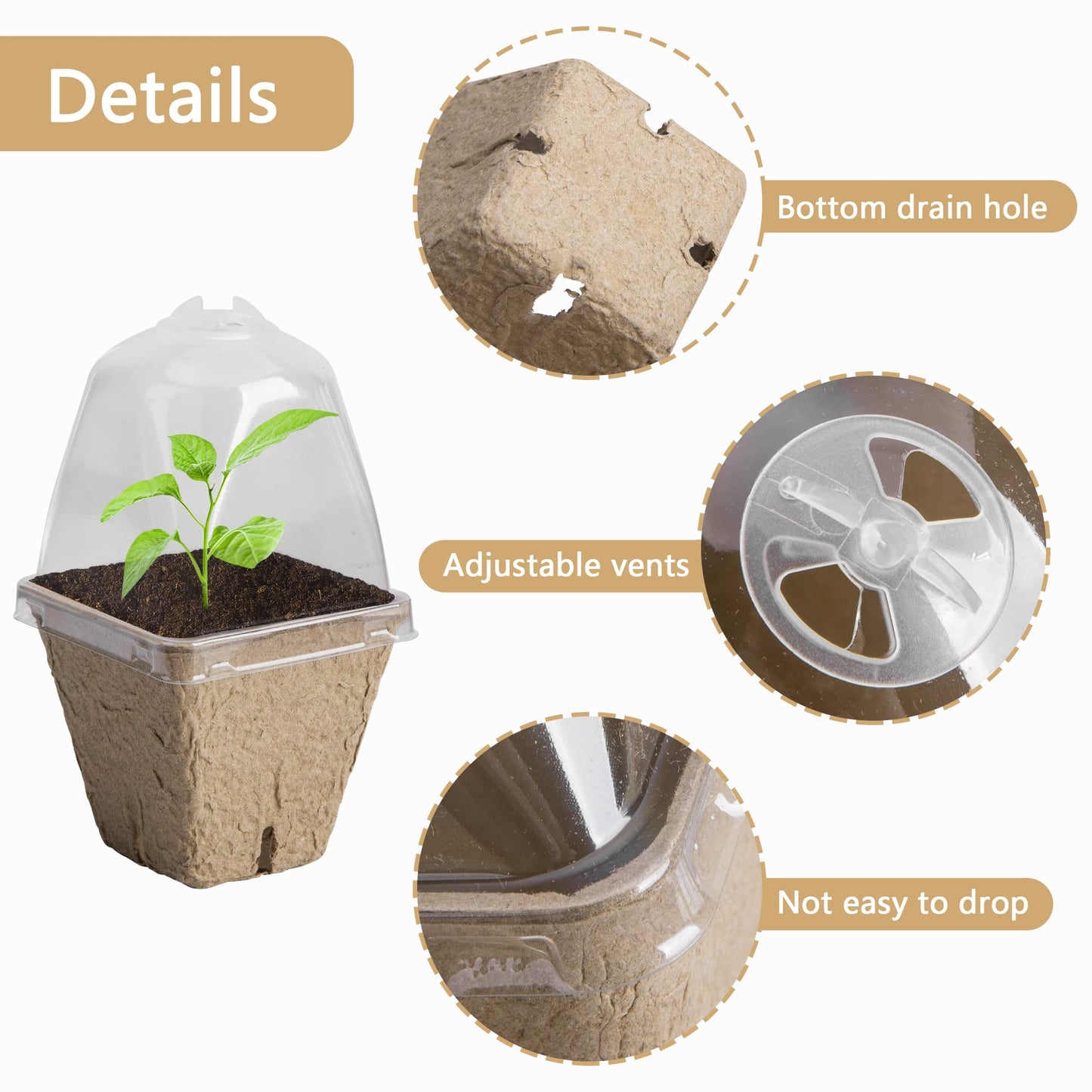 PURPLE STAR 1N 20 Pcs Biodegradable Nursery Pots with Humidity Dome- 2.3 Inch Square Seeding Starter Pot for Planting- Peat Pots for Seedlings Garden Vegetable Flower Germination