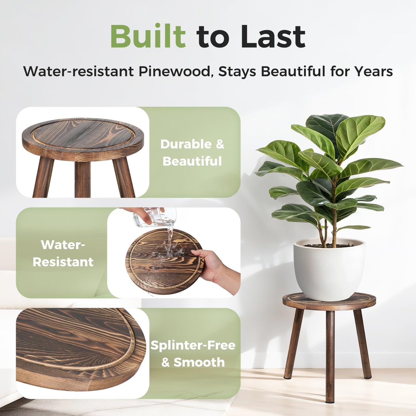 lbsddd 3-Pack Upgrade Thicken Wood Plant Stand Indoor, for 6-12 Inch Pots, Plant Stool Water-resistant Pinewood, Mid Century Modern Decor, Plant Stand 3 Sizes, for Living Room, Balcony, Office(Dark Brown)