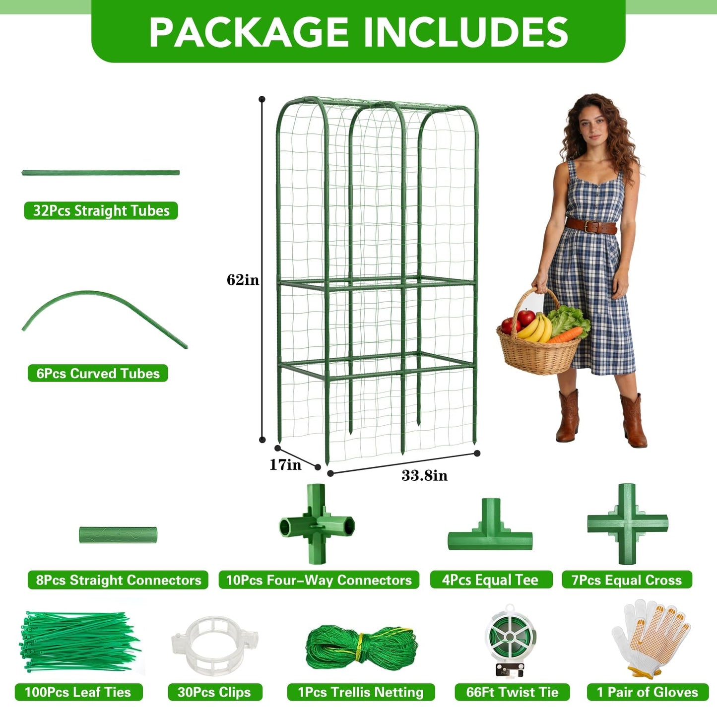 62" Tall Cucumber Trellis for Raised Bed, Garden Trellis for Climbing Plants Outdoor, U-Shape Metal Arch Vegetables Trellis Plant Support for Zucchini Squash Vines