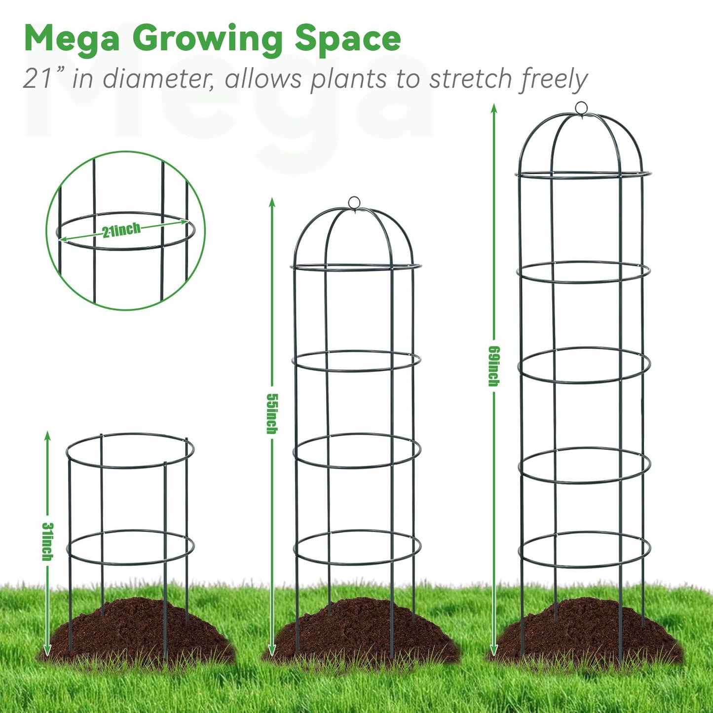Large Trellis, Garden Obelisk Trellis for Climbing Plants Outdoor, 55" Metal Trellises for Tomato Cucumber Clematis Rose Vine Support, Heavy Duty Round Cage Stand for Grow Bag Raised Bed Yard, 2 Pack