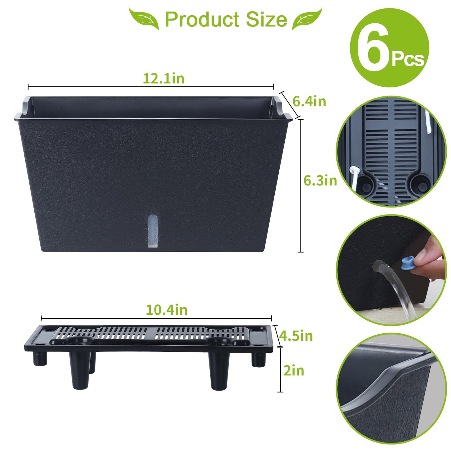 Window Box Planter 6 Pcs, 12.1 Inches Self Watering Plant Pots Rectangle Flower Pots with Drainage Holes and Breathable Trays, Vegetable Planters for Windowsill Patio Garden Balcony Porch Yard (Black)